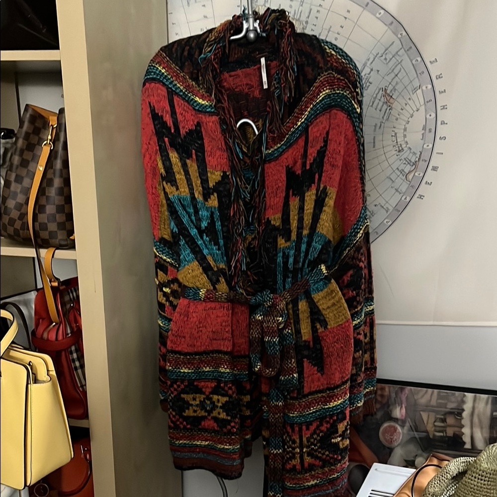Free People Red and Black Shrug Sweater with Geometric Design